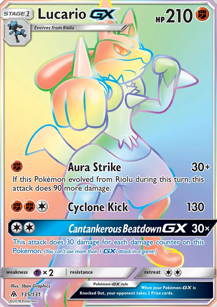 Lucario GX Secret Rare Pokemon card #135 from Forbidden Light