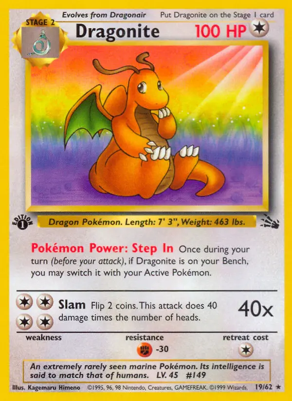 Dragonite Rare Pokemon card #19 from Fossil