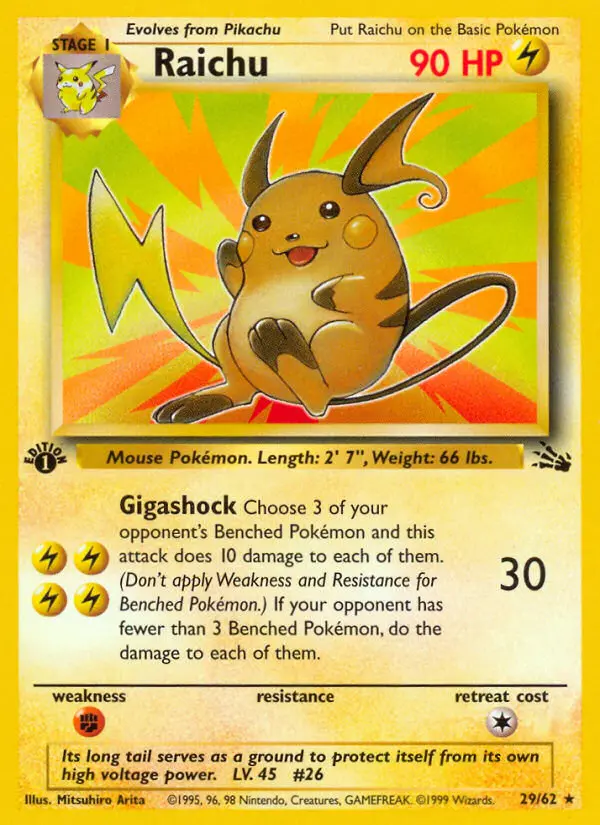 Raichu Rare Pokemon card #29 from Fossil