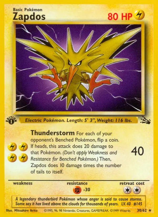 Zapdos Rare Pokemon card #30 from Fossil