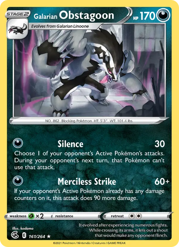 Galarian Obstagoon Holo Rare Pokemon card #161 from Fusion Strike