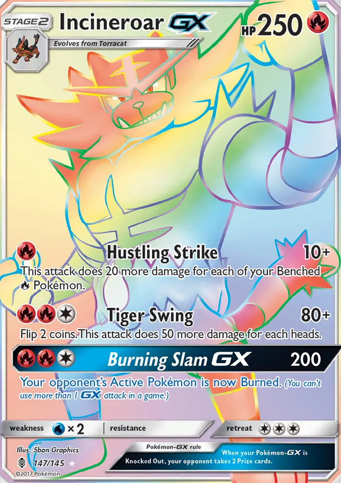 Incineroar GX Secret Rare Pokemon card #147 from Guardians Rising
