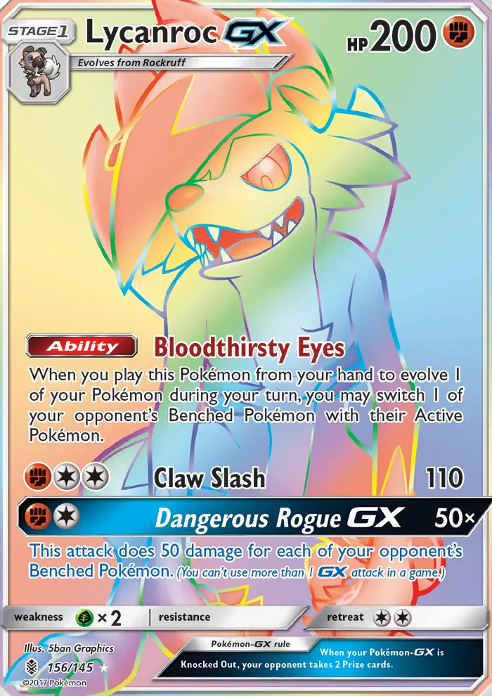 Lycanroc GX Secret Rare Pokemon card #156 from Guardians Rising