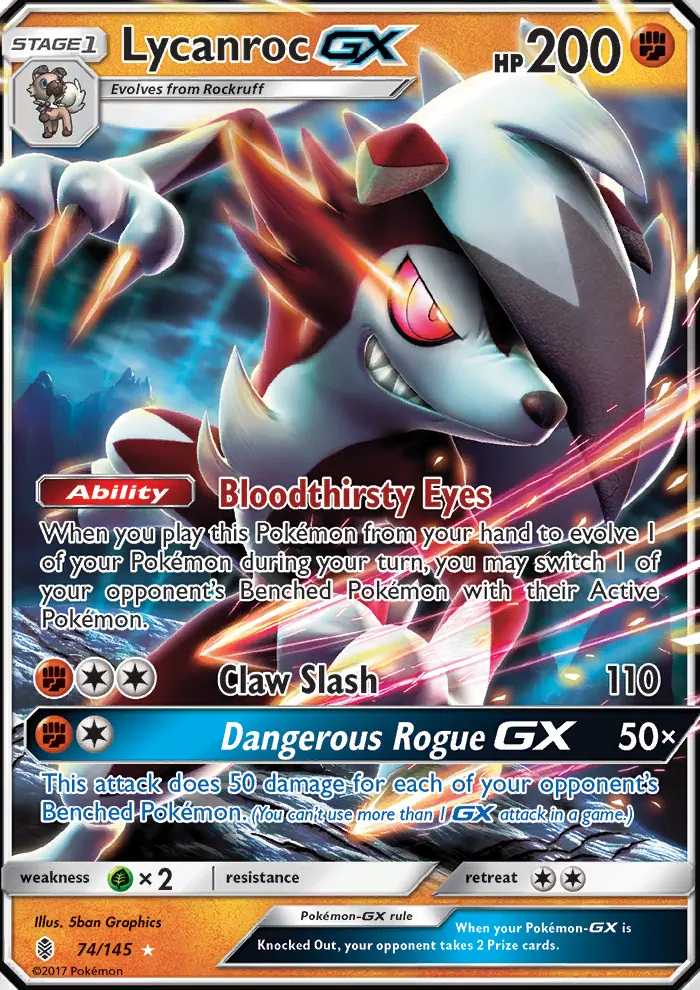 Lycanroc GX Ultra Rare Pokemon card #74 from Guardians Rising