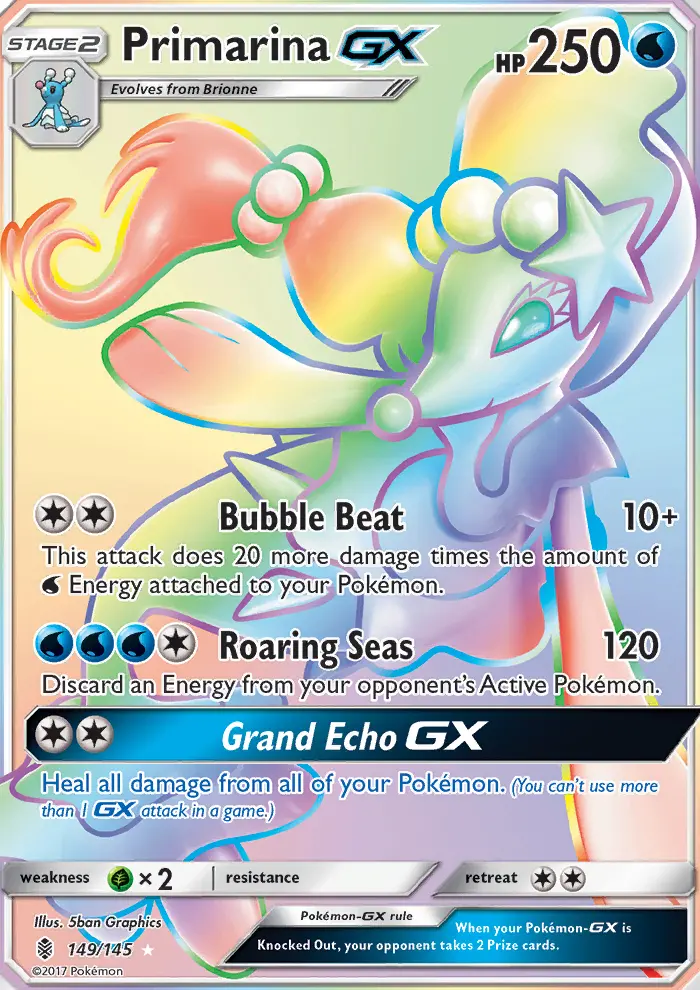 Primarina GX Secret Rare Pokemon card #149 from Guardians Rising