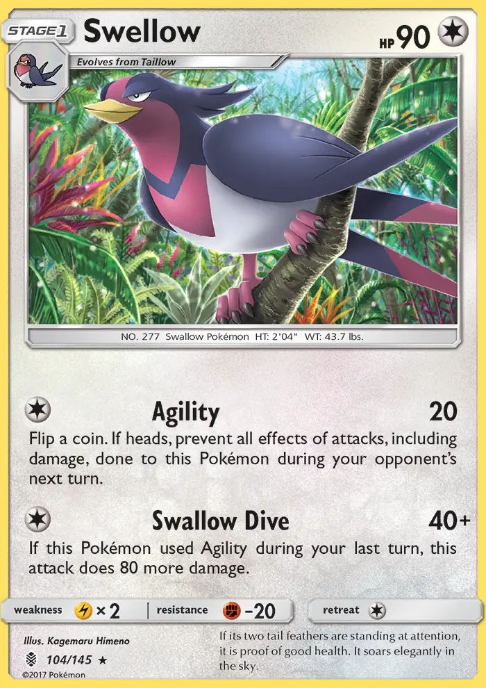 Swellow Rare Pokemon card #104 from Guardians Rising