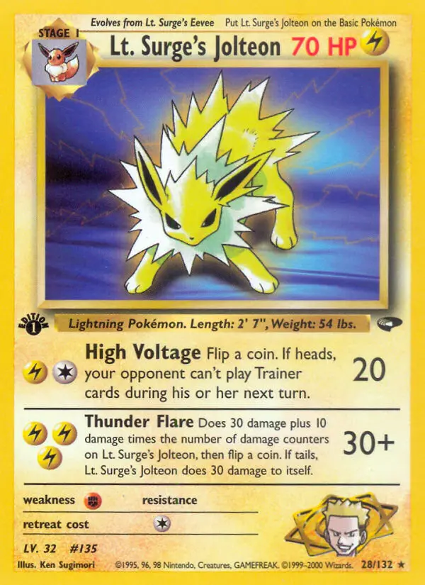 Lt. Surge's Jolteon Rare Pokemon card #28 from Gym Challenge