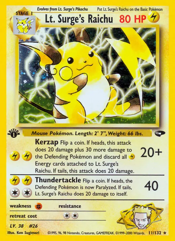 Lt. Surge's Raichu Rare Holo Pokemon card #11 from Gym Challenge