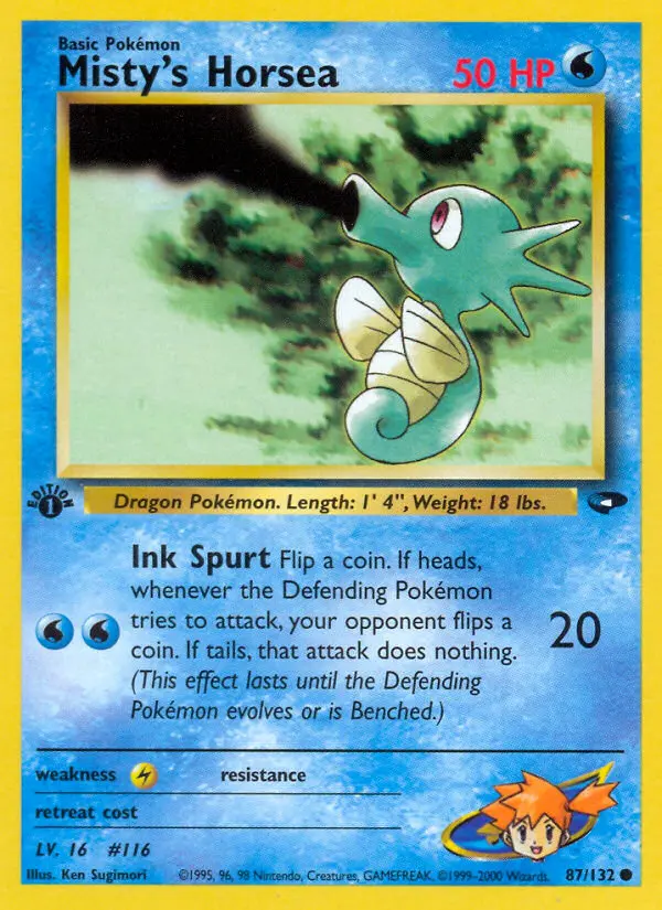 Misty's Horsea Common Pokemon card #87 from Gym Challenge