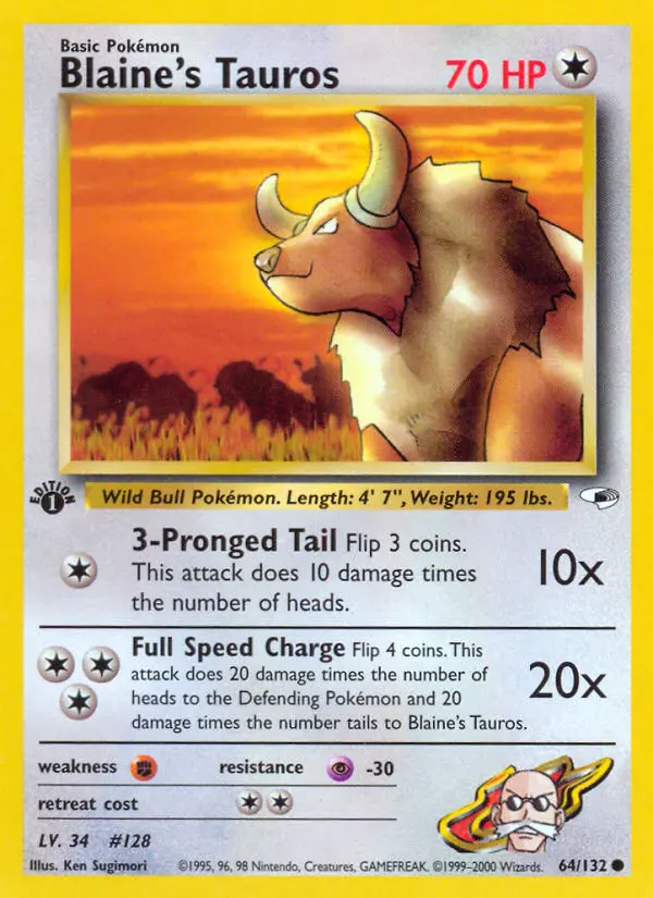 Blaine's Tauros Common Pokemon card #64 from Gym Heroes