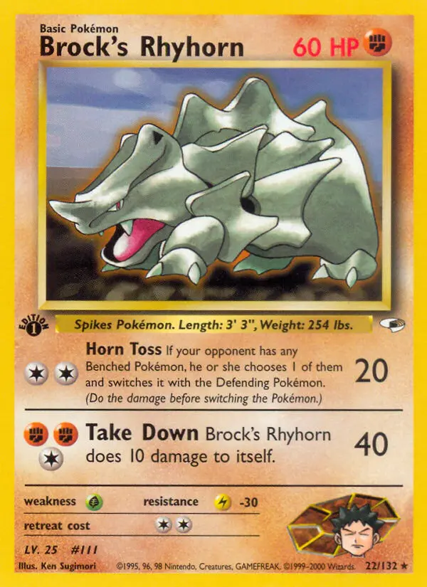 Brock's Rhyhorn Rare Holo Pokemon card #22 from Gym Heroes