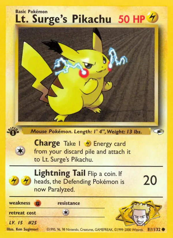 Lt. Surge's Pikachu Common Pokemon card #81 from Gym Heroes