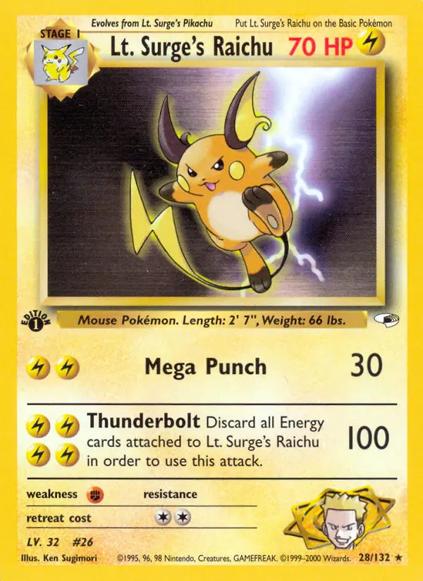 Lt. Surge's Raichu Rare Holo Pokemon card #28 from Gym Heroes