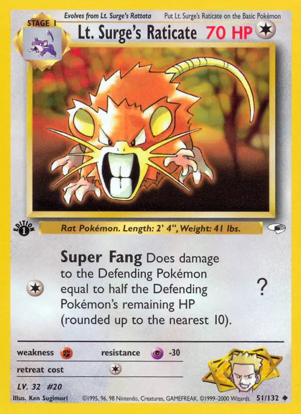 Lt. Surge's Raticate Uncommon Pokemon card #51 from Gym Heroes