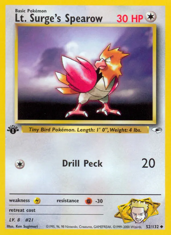 Lt. Surge's Spearow Uncommon Pokemon card #52 from Gym Heroes