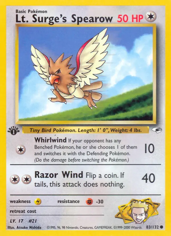 Lt. Surge's Spearow Common Pokemon card #83 from Gym Heroes