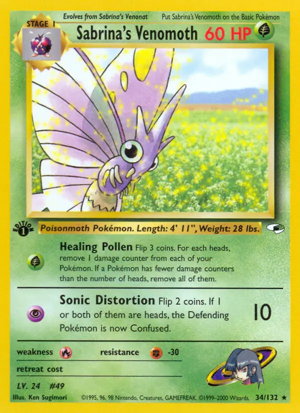 Sabrina's Venomoth Rare Holo Pokemon card #34 from Gym Heroes