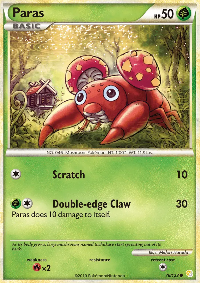 Paras Common Pokemon card #76 from HeartGold SoulSilver