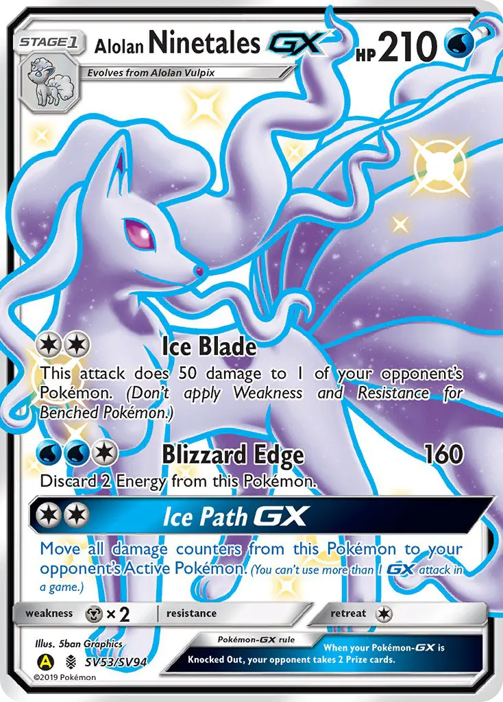 Alolan Ninetales-GX Shiny rare Pokemon card #SV53 from Hidden Fates Shiny Vault