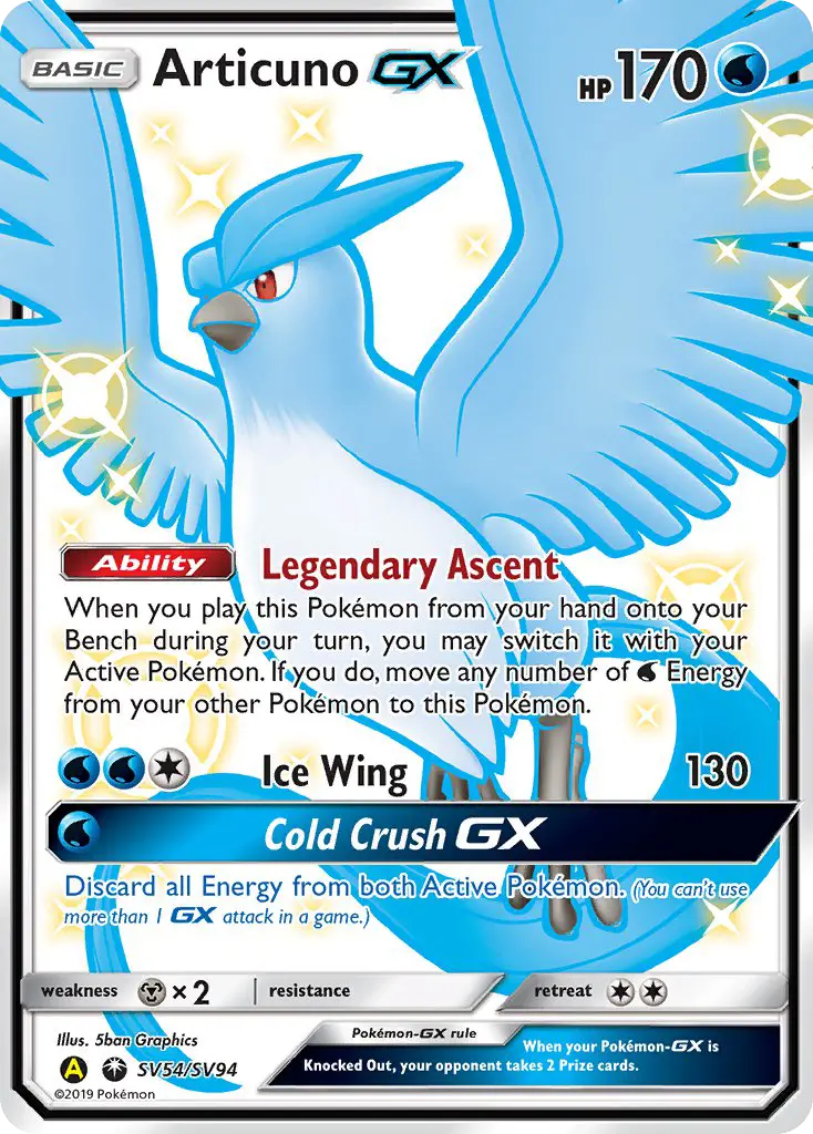 Articuno-GX Shiny rare Pokemon card #SV54 from Hidden Fates Shiny Vault