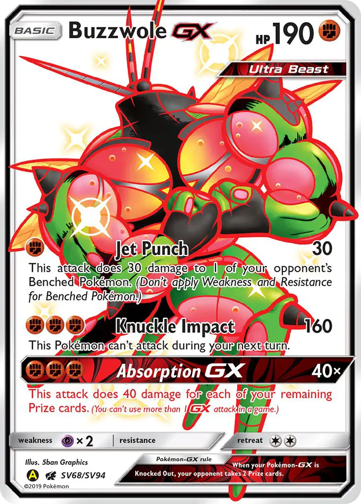 Buzzwole-GX Shiny rare Pokemon card #SV68 from Hidden Fates Shiny Vault