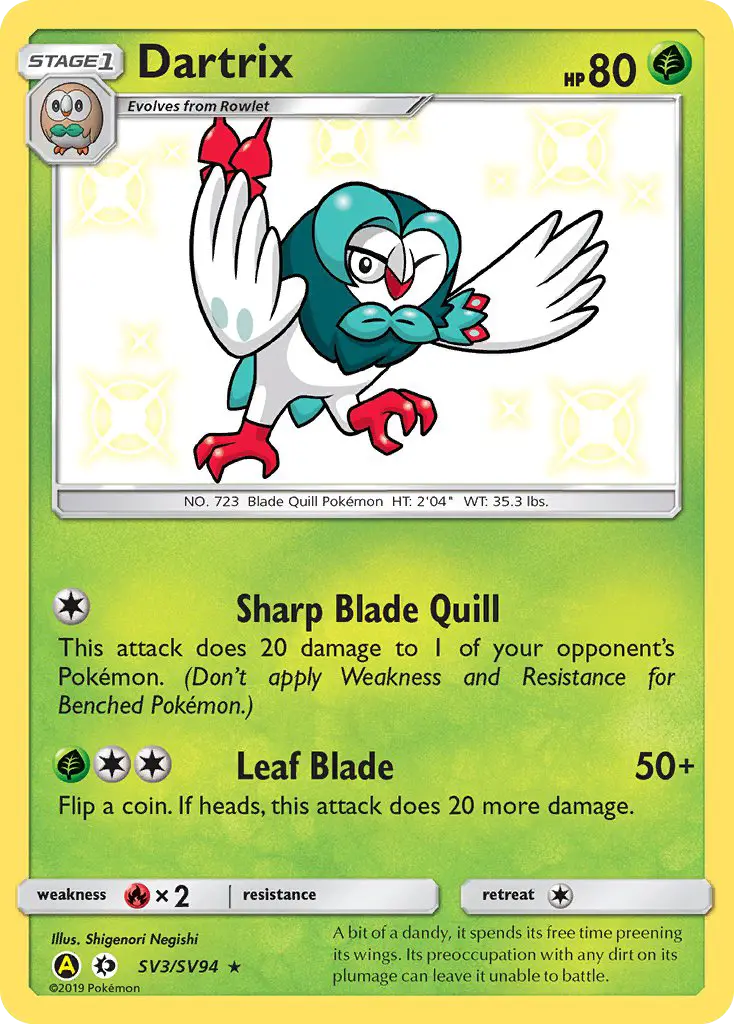 Dartrix Shiny rare Pokemon card #SV3 from Hidden Fates Shiny Vault