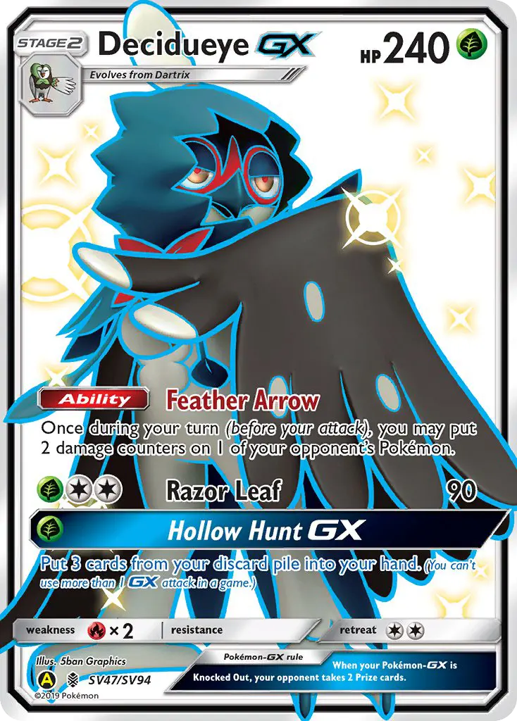 Decidueye-GX Shiny rare Pokemon card #SV47 from Hidden Fates Shiny Vault