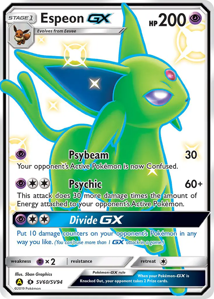 Espeon-GX Shiny rare Pokemon card #SV60 from Hidden Fates Shiny Vault