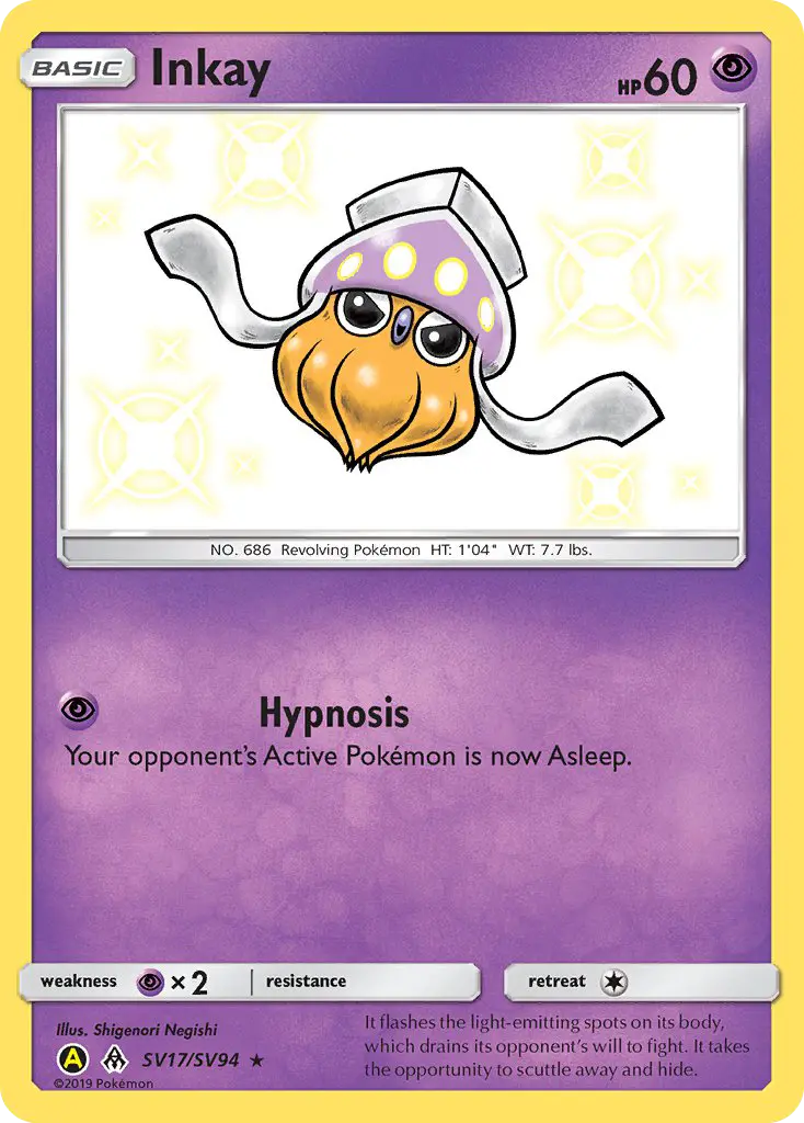 Inkay Shiny rare Pokemon card #SV17 from Hidden Fates Shiny Vault