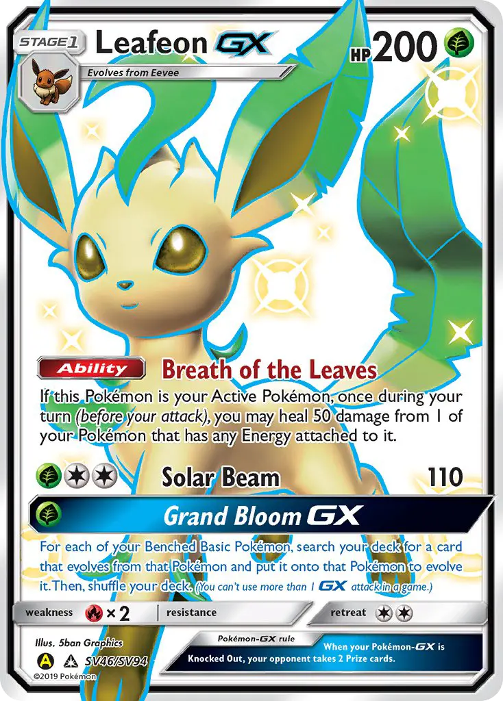 Leafeon-GX Shiny rare Pokemon card #SV46 from Hidden Fates Shiny Vault