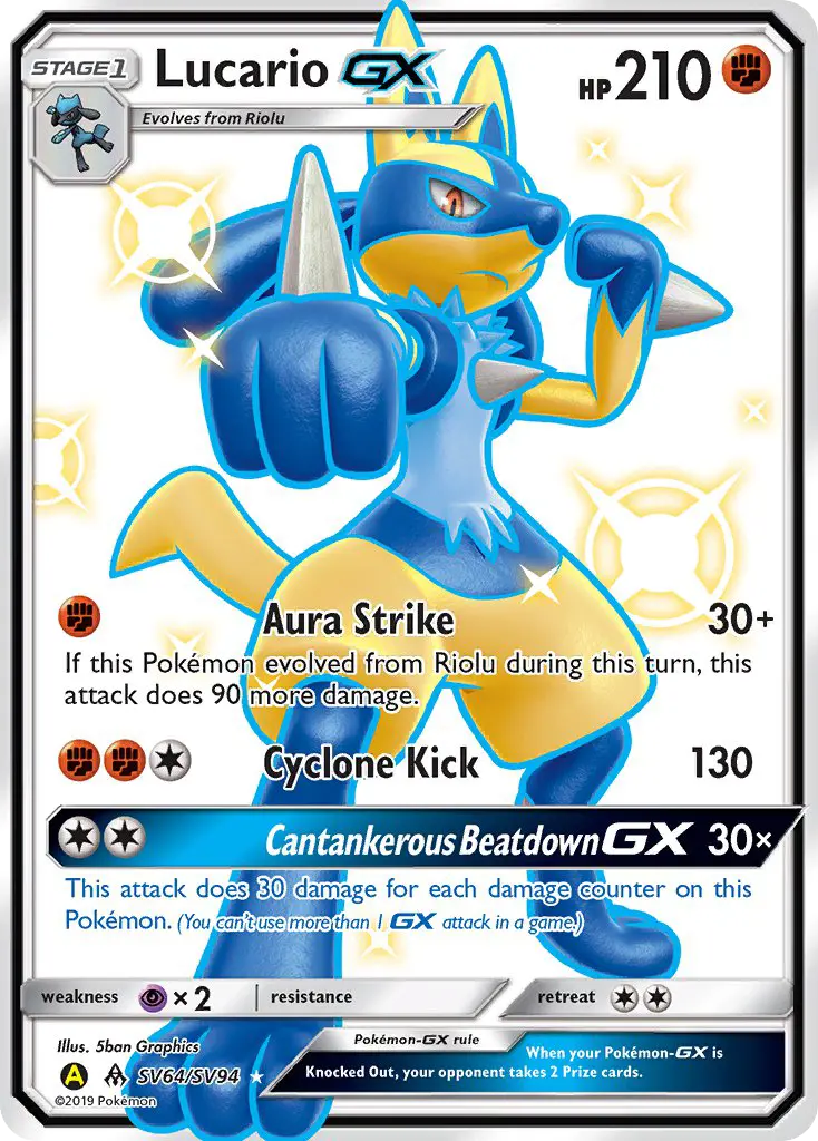 Lucario-GX Shiny rare Pokemon card #SV64 from Hidden Fates Shiny Vault