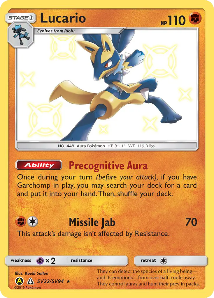 Lucario Shiny rare Pokemon card #SV22 from Hidden Fates Shiny Vault