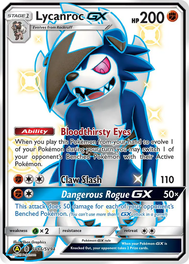 Lycanroc-GX Shiny rare Pokemon card #SV66 from Hidden Fates Shiny Vault