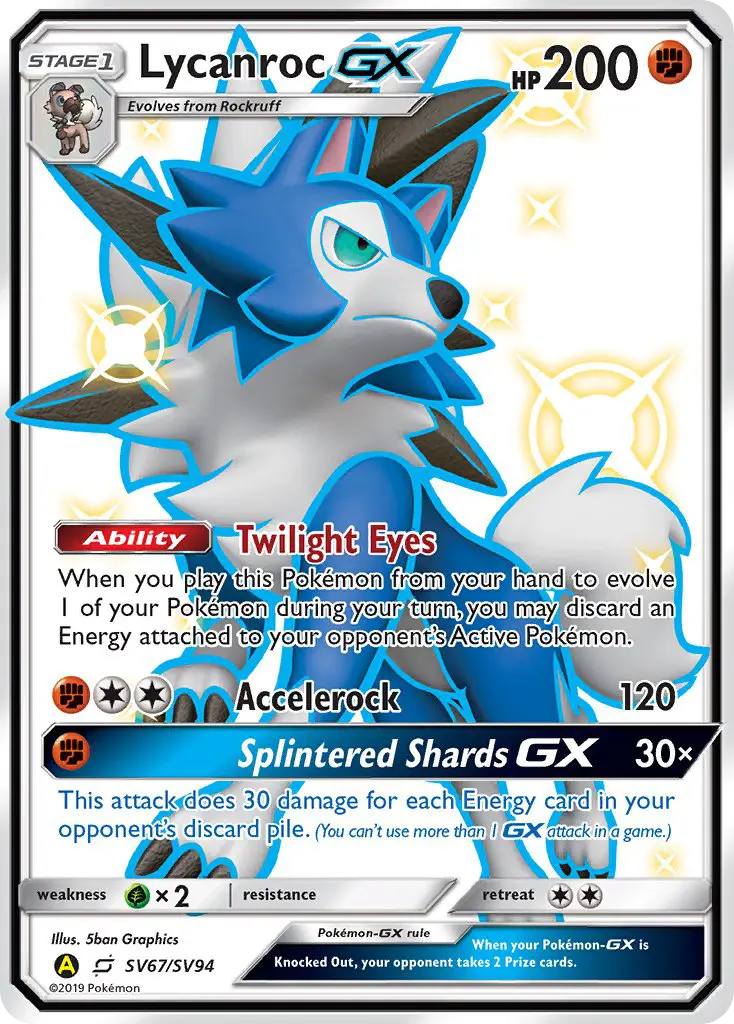 Lycanroc-GX Shiny rare Pokemon card #SV67 from Hidden Fates Shiny Vault