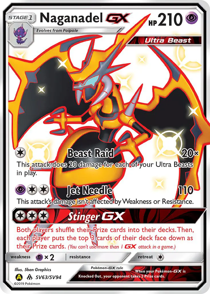 Naganadel-GX Shiny rare Pokemon card #SV63 from Hidden Fates Shiny Vault