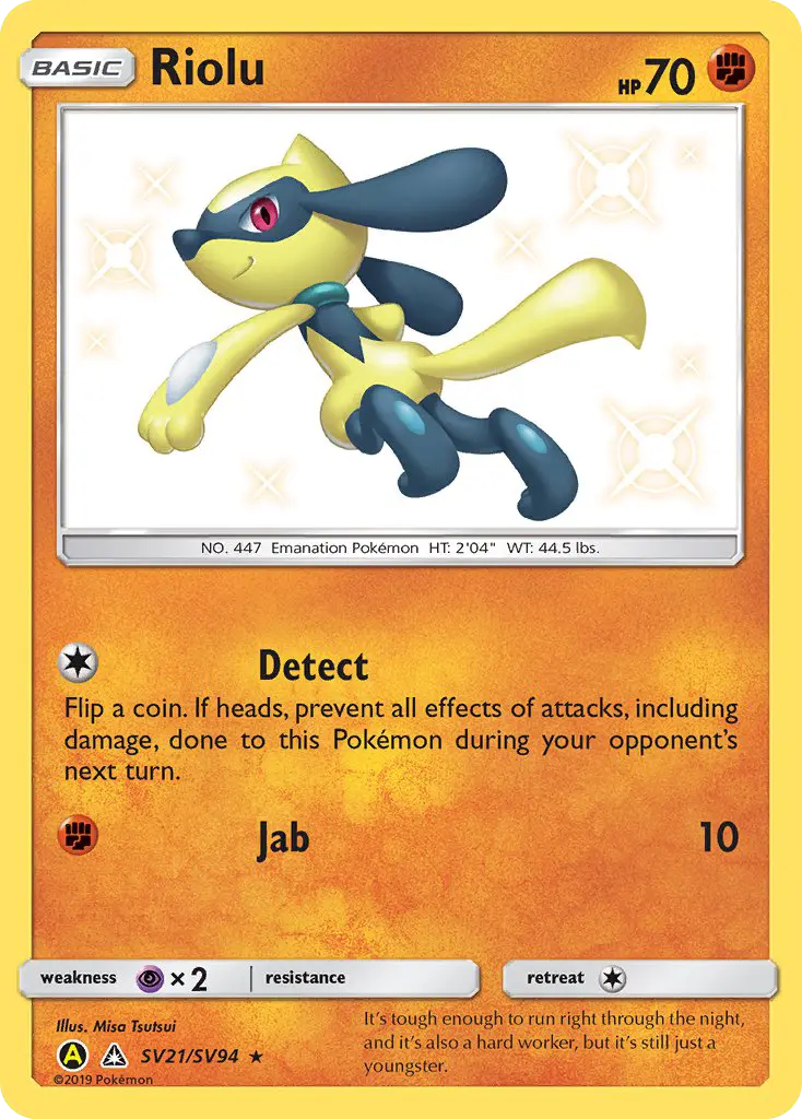 Riolu Shiny rare Pokemon card #SV21 from Hidden Fates Shiny Vault