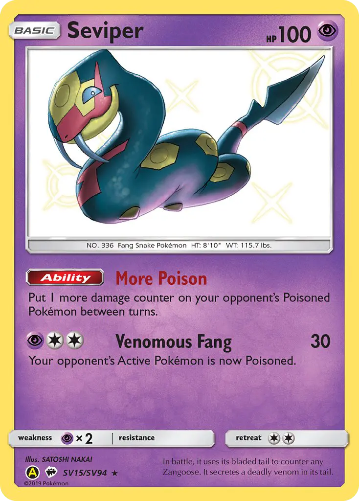 Seviper Shiny rare Pokemon card #SV15 from Hidden Fates Shiny Vault