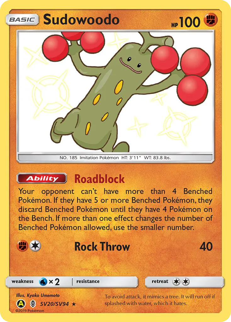 Sudowoodo Shiny rare Pokemon card #SV20 from Hidden Fates Shiny Vault