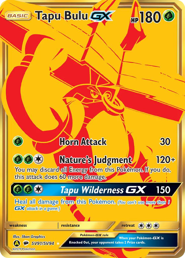 Tapu Bulu-GX Secret Rare Pokemon card #SV91 from Hidden Fates Shiny Vault