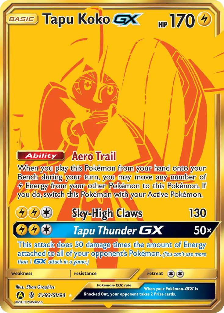 Tapu Koko-GX Secret Rare Pokemon card #SV93 from Hidden Fates Shiny Vault