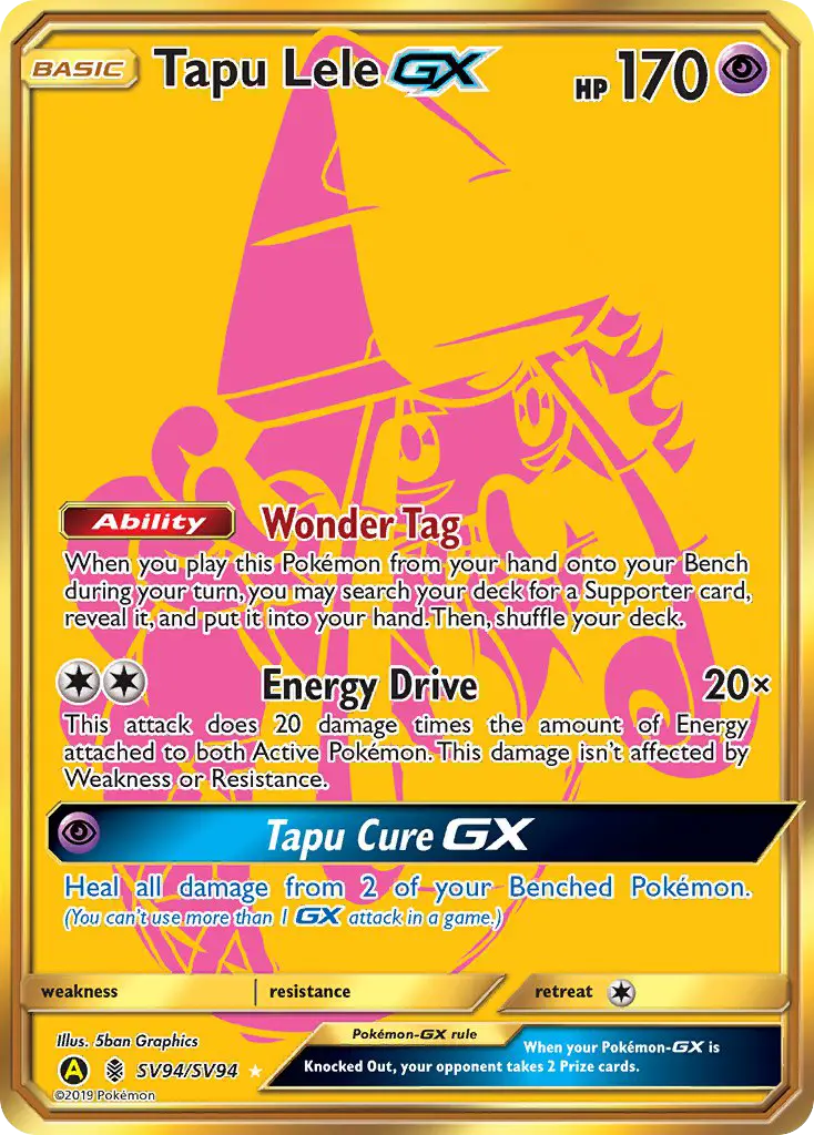 Tapu Lele-GX Secret Rare Pokemon card #SV94 from Hidden Fates Shiny Vault