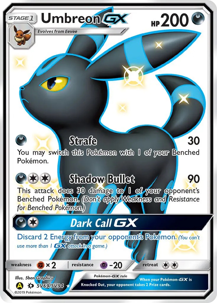 Umbreon-GX Shiny rare Pokemon card #SV69 from Hidden Fates Shiny Vault