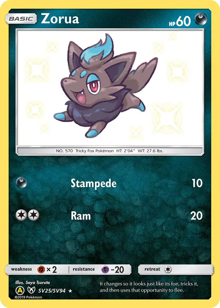 Zorua Shiny rare Pokemon card #SV25 from Hidden Fates Shiny Vault