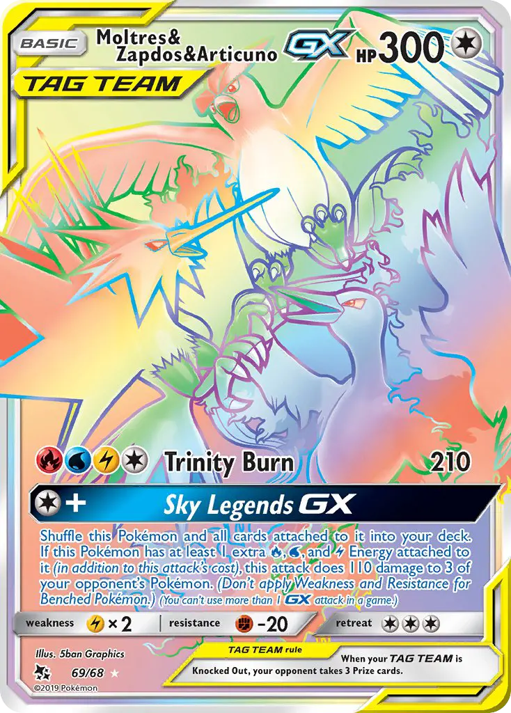 Moltres & Zapdos & Articuno GX Secret Rare Pokemon card #69 from Hidden Fates