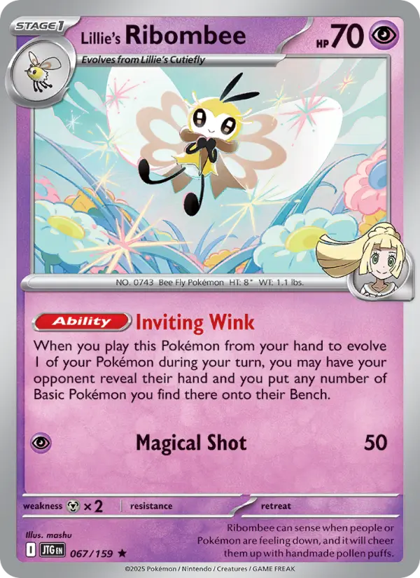 Lillie's Ribombee Rare Pokemon card #067 from Journey Together