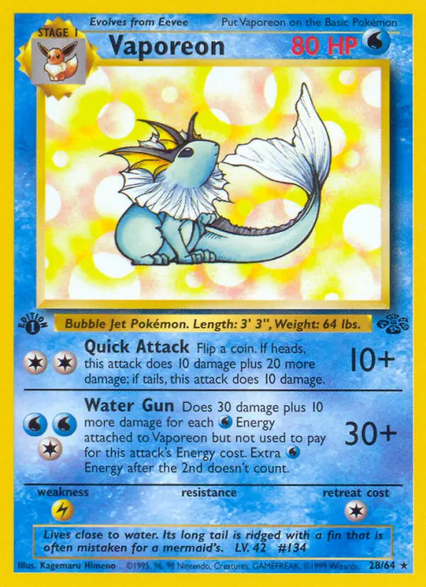 Vaporeon Rare Pokemon card #28 from Jungle
