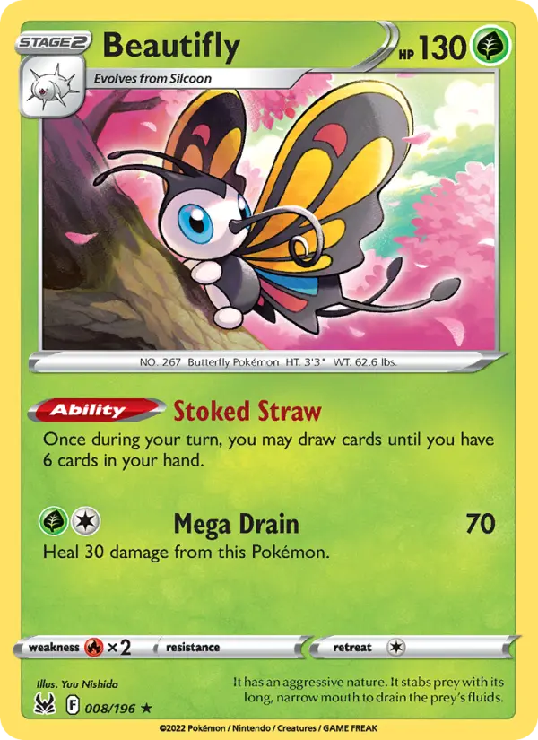 Beautifly Holo Rare Pokemon card #008 from Lost Origin