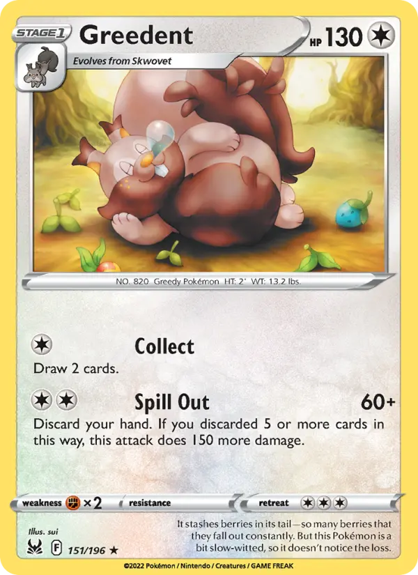 Greedent Rare Pokemon card #151 from Lost Origin