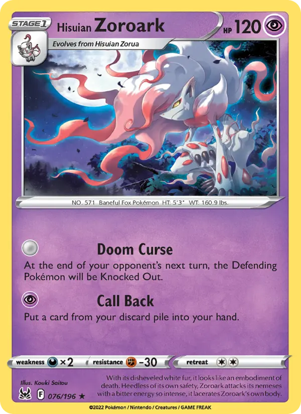 Hisuian Zoroark Holo Rare Pokemon card #076 from Lost Origin