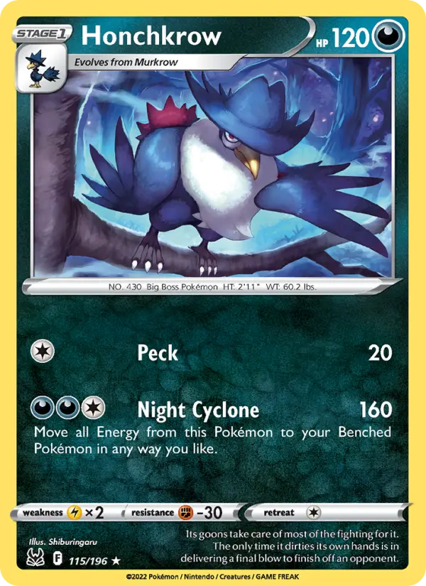 Honchkrow Rare Pokemon card #115 from Lost Origin